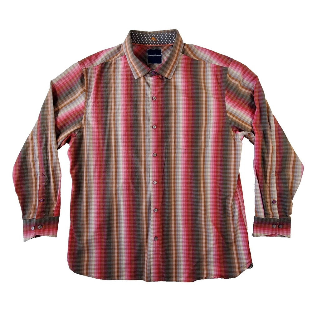 Tommy Bahama XL Plaid Button Down‎ Shirt 100% Cotton Pink Brown
